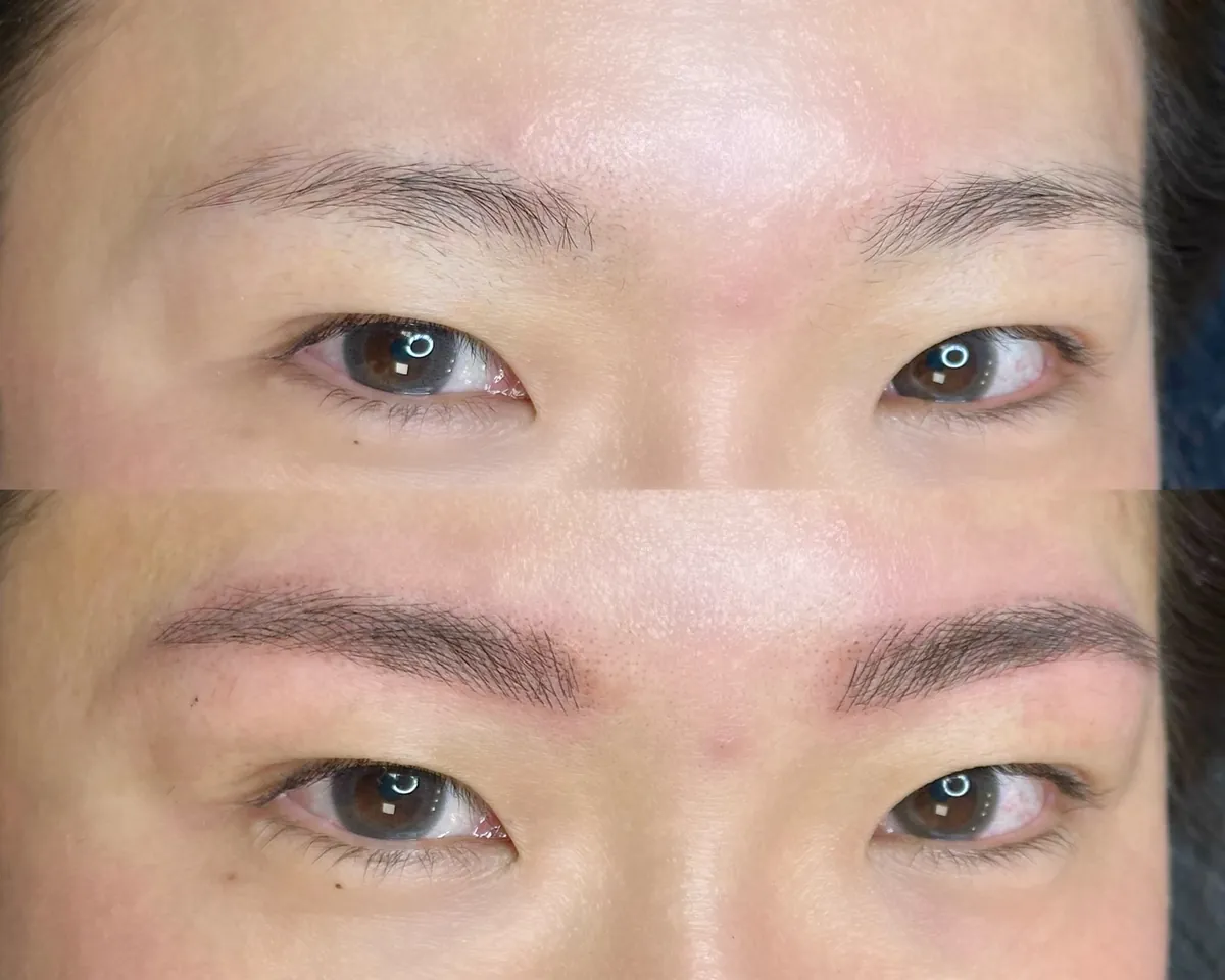 Nanoblading before and after: light brows filled with soft natural hair strokes